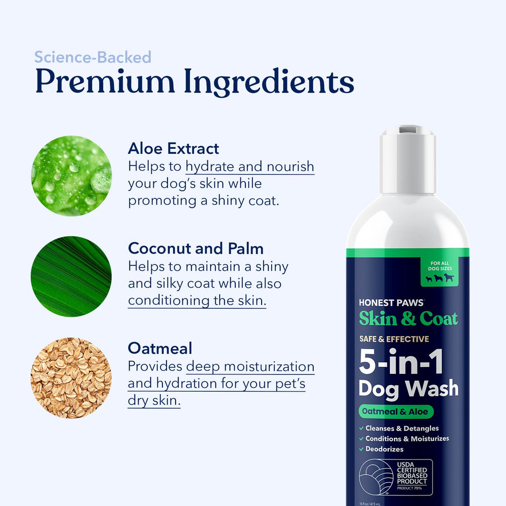 Honest Paws oats aloe formula hydrates skin and conditions the coat.