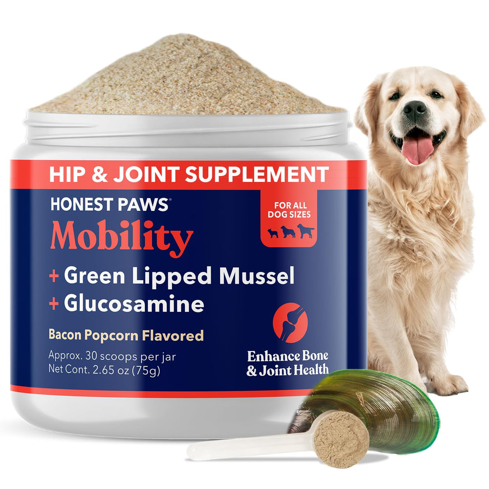 Honest Paws Glucosamine bottle closeup supports canine joint mobility with natural ingredients.