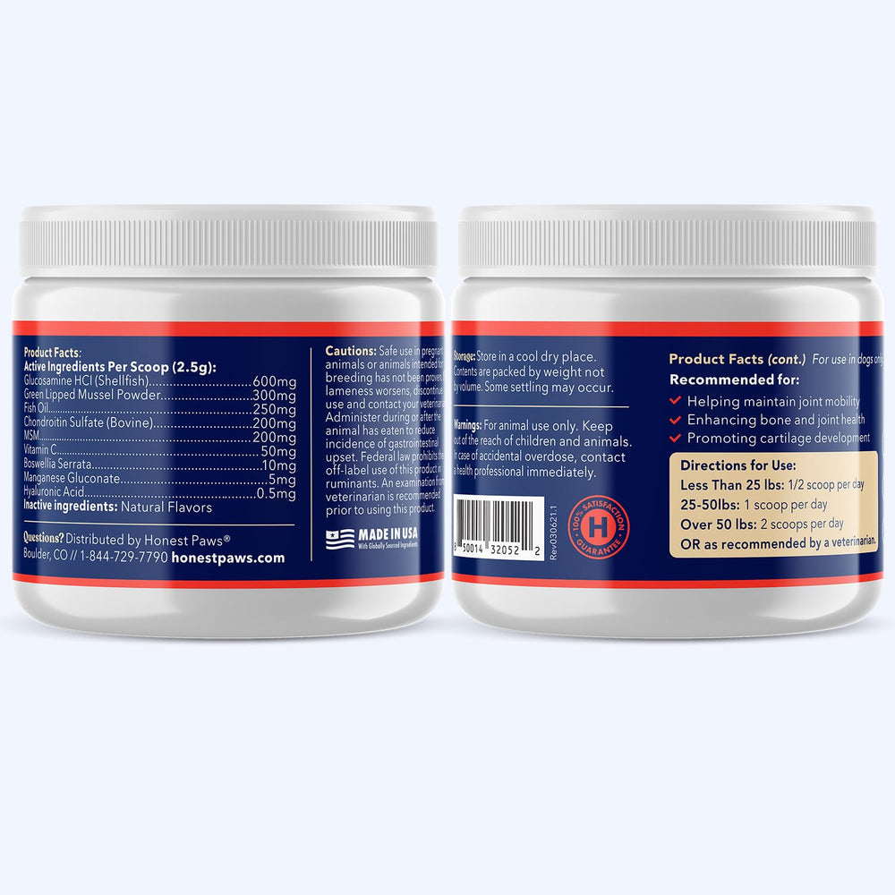 Honest Paws Glucosamine Green Lipped Mussel image emphasizes natural support.