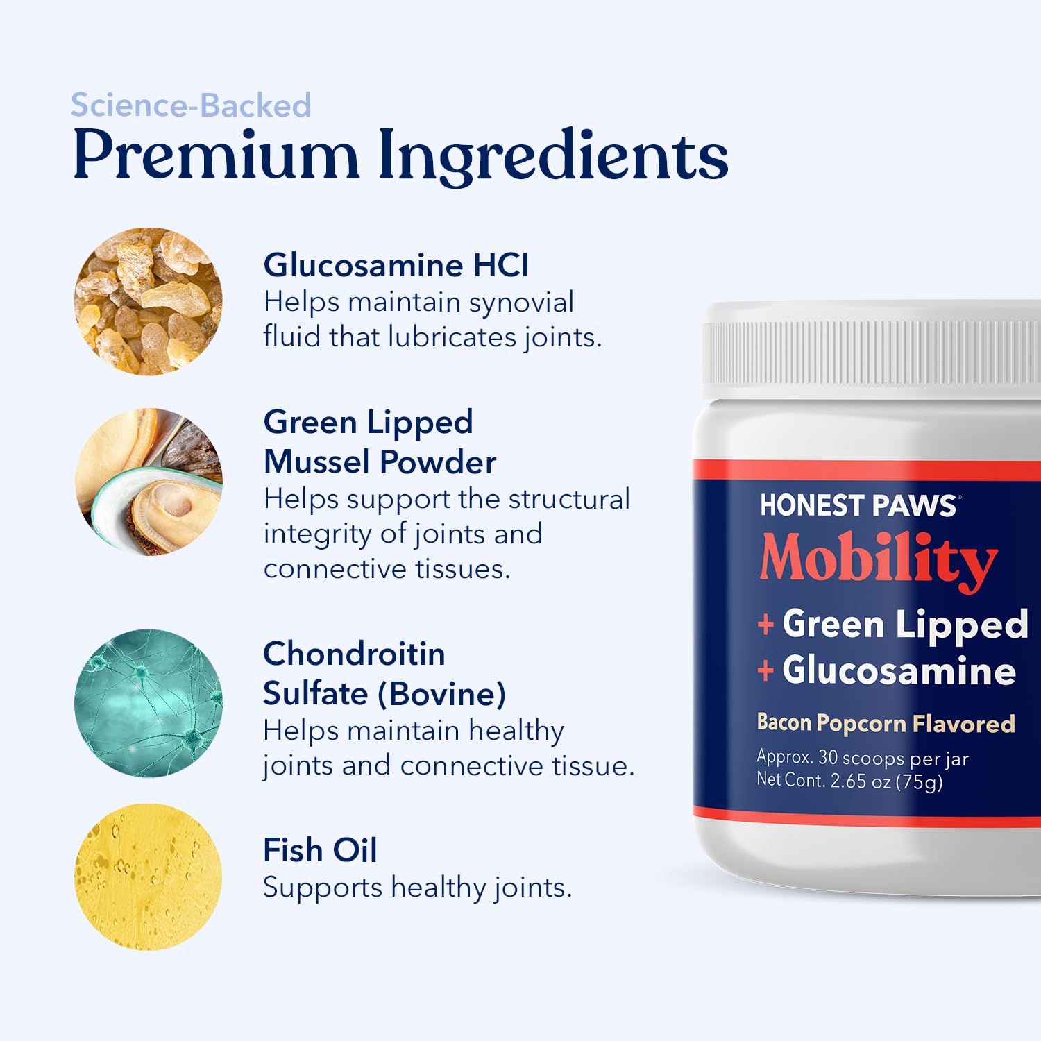 Honest Paws Glucosamine measuring spoon enables precise daily dosing.