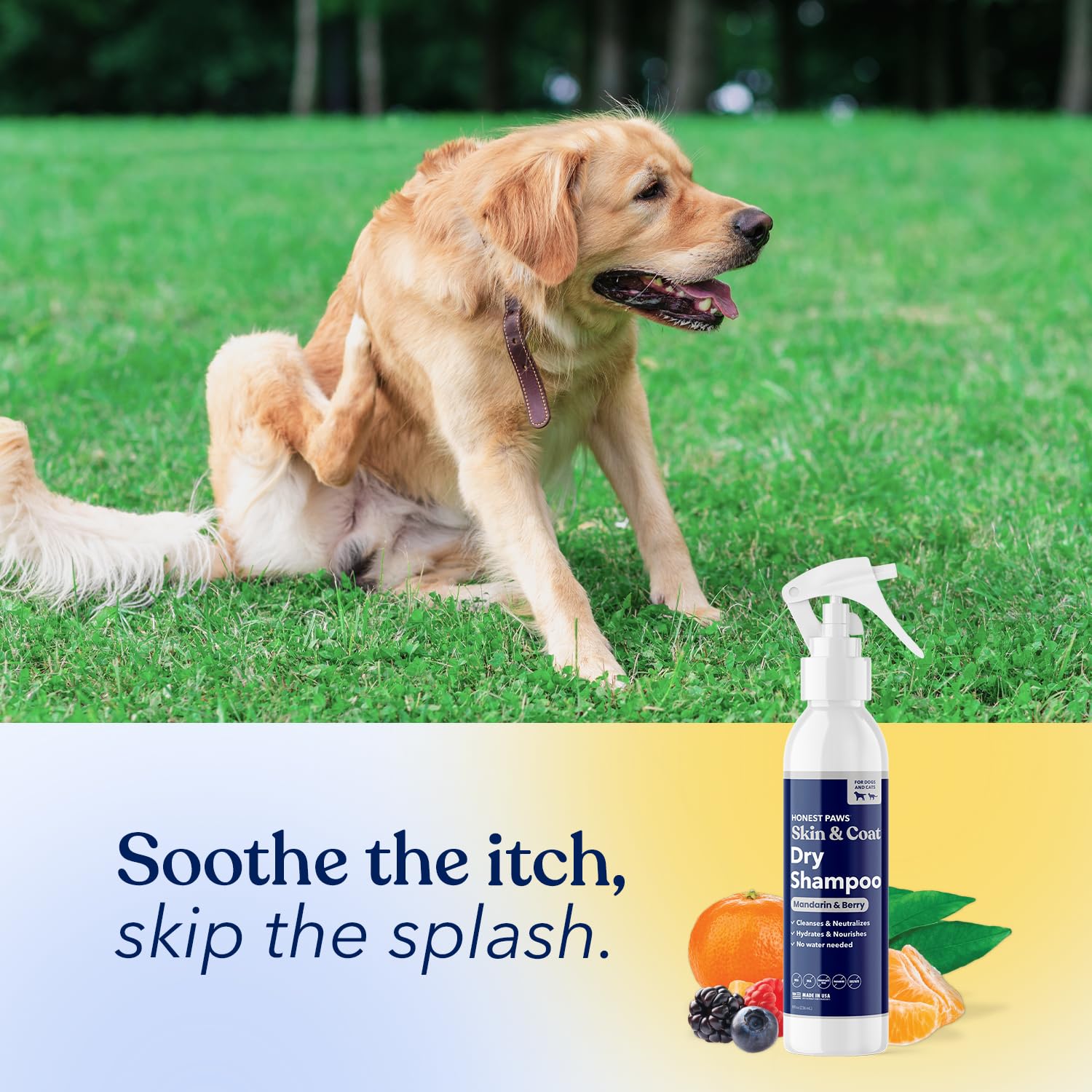 Honest Paws lavender oatmeal scent conveys calming effect during grooming.