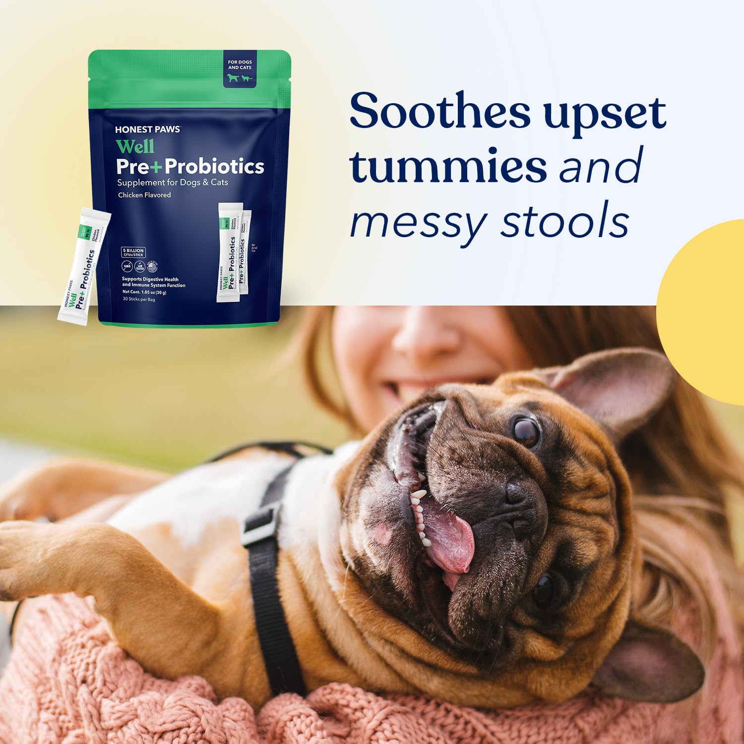 Honest Paws Probiotics aids digestive comfort and normal stool