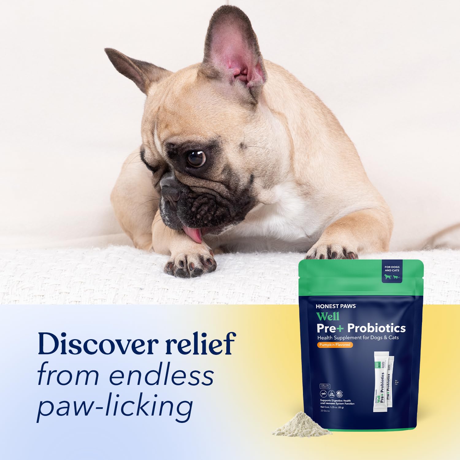 Honest Paws probiotic powder stick with prebiotic for steady daily comfort.