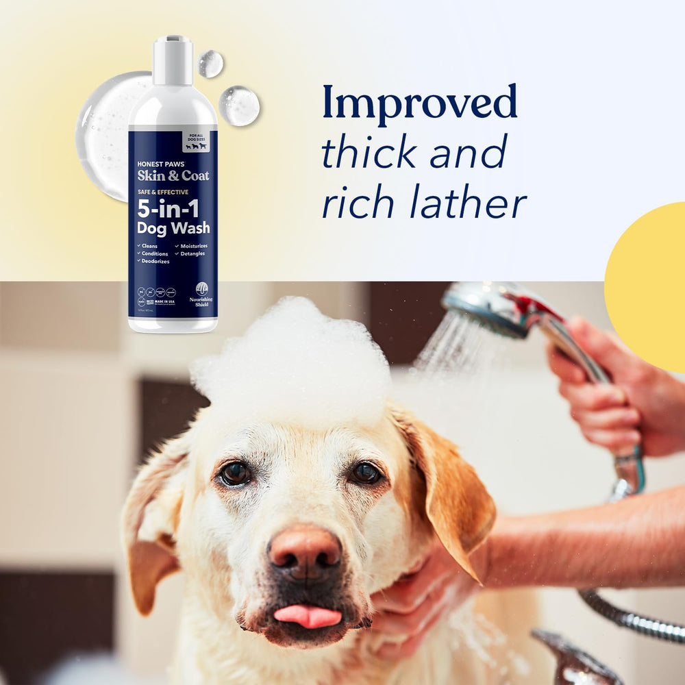 Puppy bath scene with Honest Paws shows suitability for dogs over 12 weeks.
