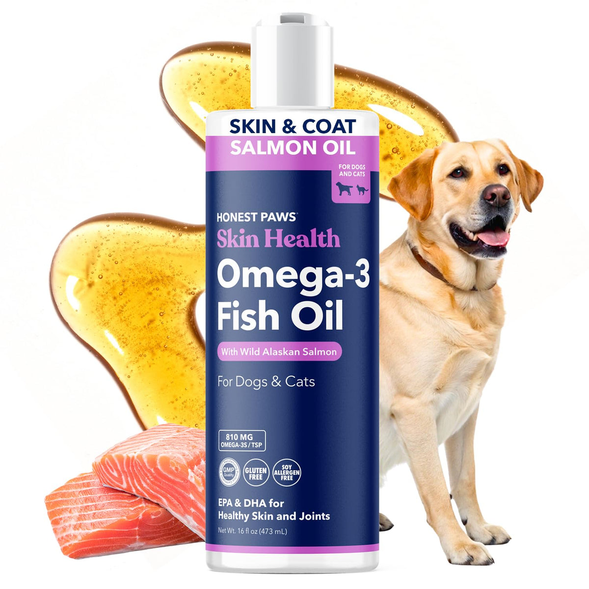 Honest Paws Salmon Oil bottle pour; supports skin and coat health.