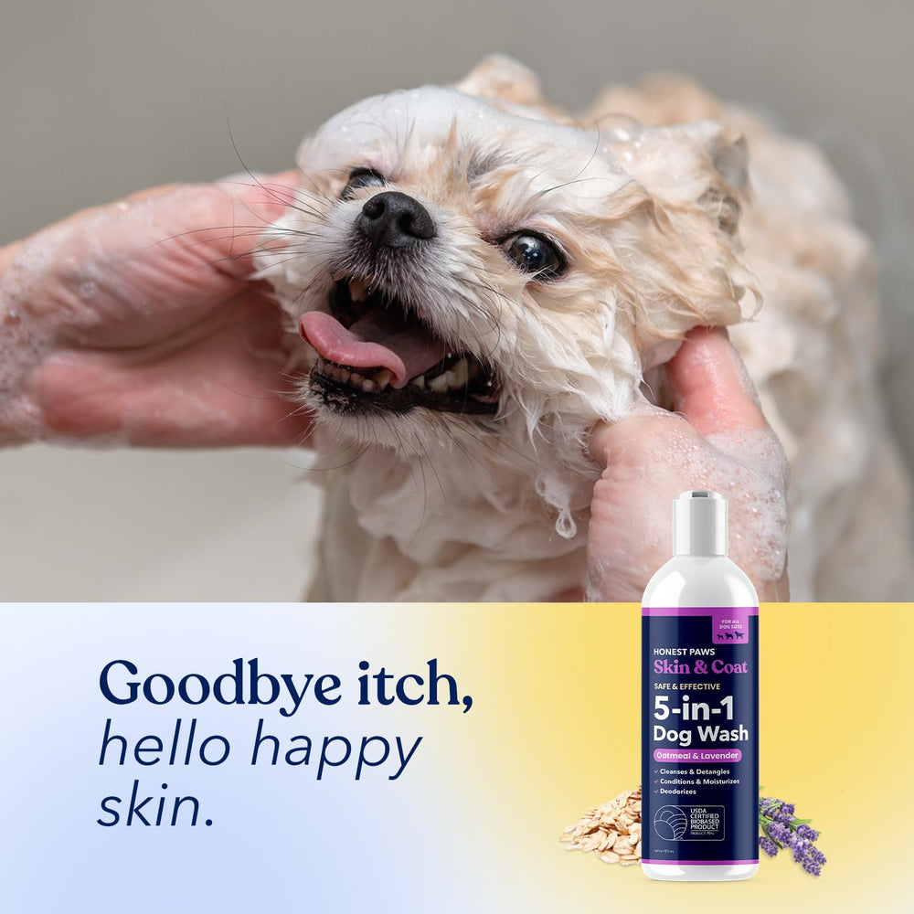 Honest Paws shampoo label detail showing dye-free and paraben-free claims