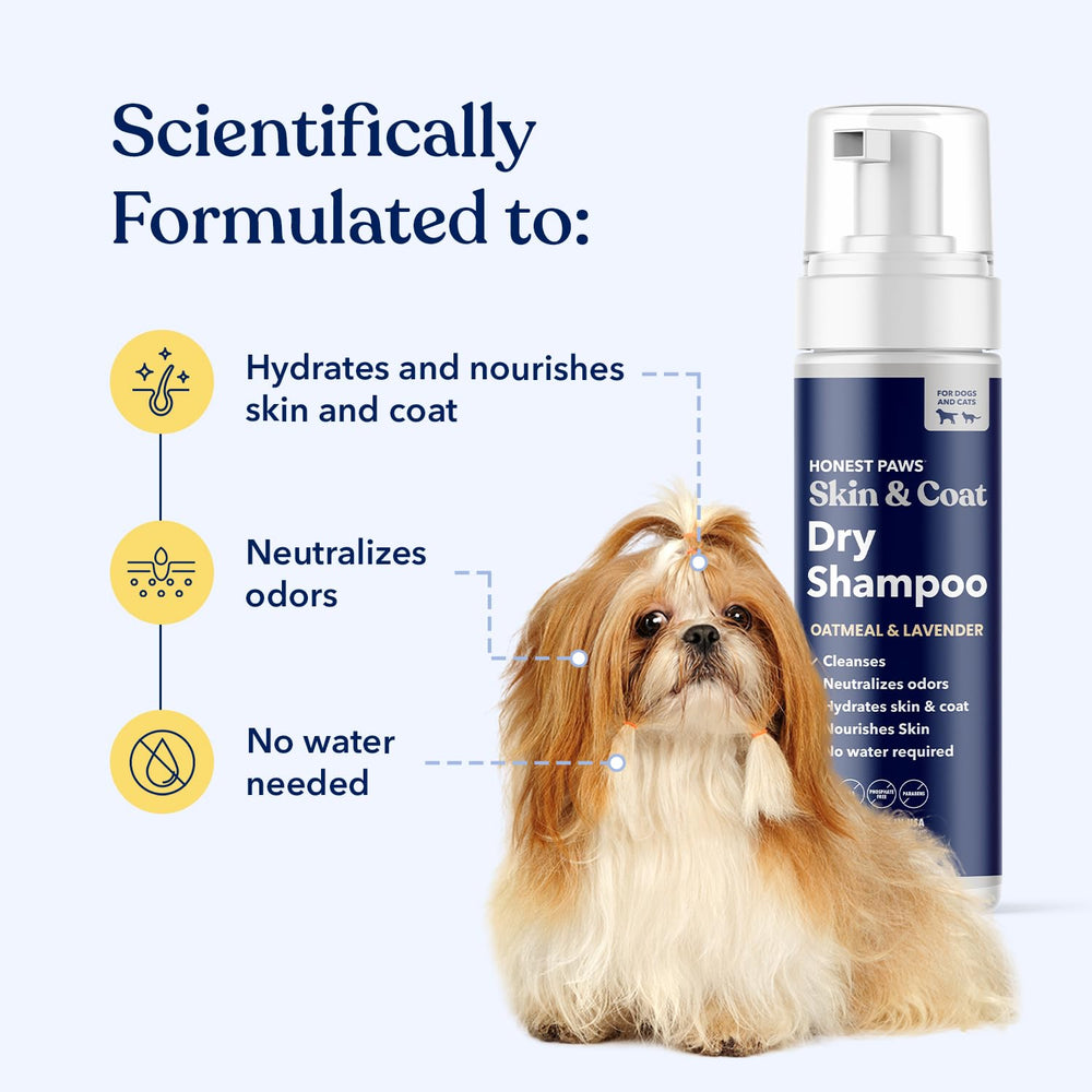 Honest Paws waterless foaming formula provides effortless cleanup without full baths.