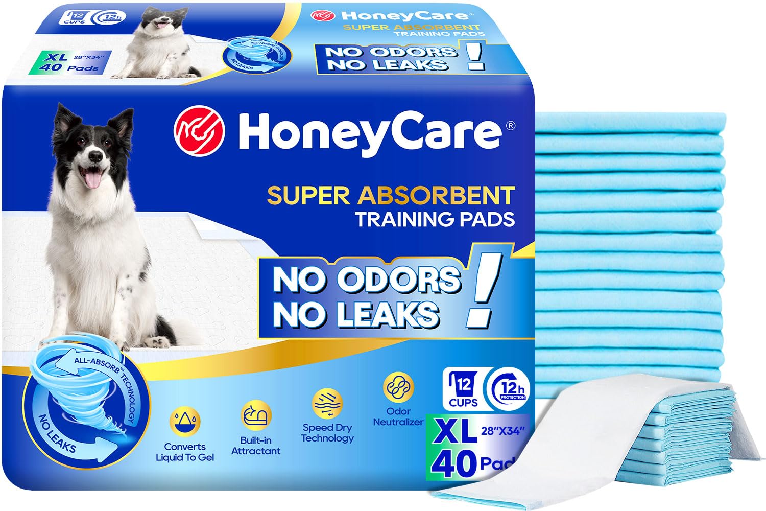 Honey Care All-Absorb training pad top view shows blue surface for fast absorption and odor control.