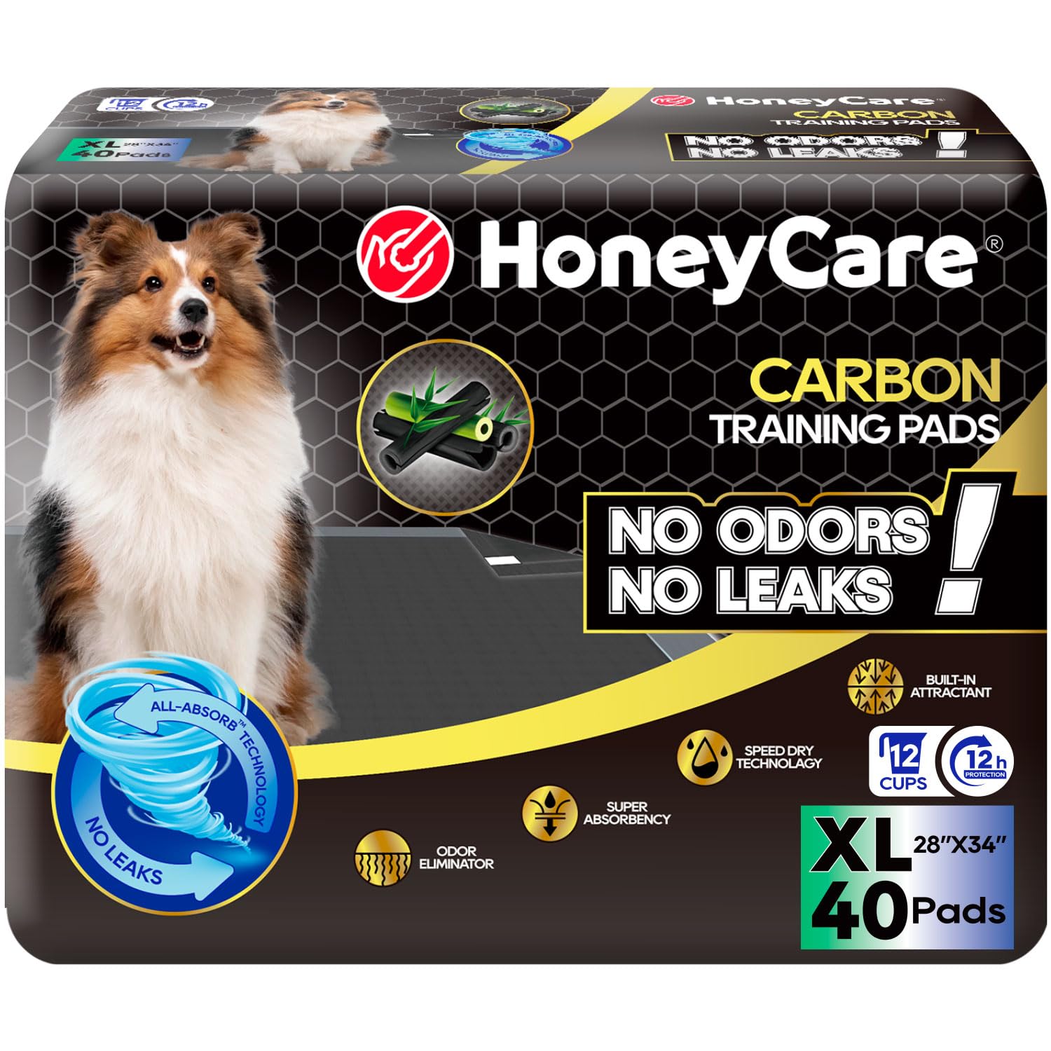 HONEY CARE All-Absorb puppy pads box front showing quick-potty training solution