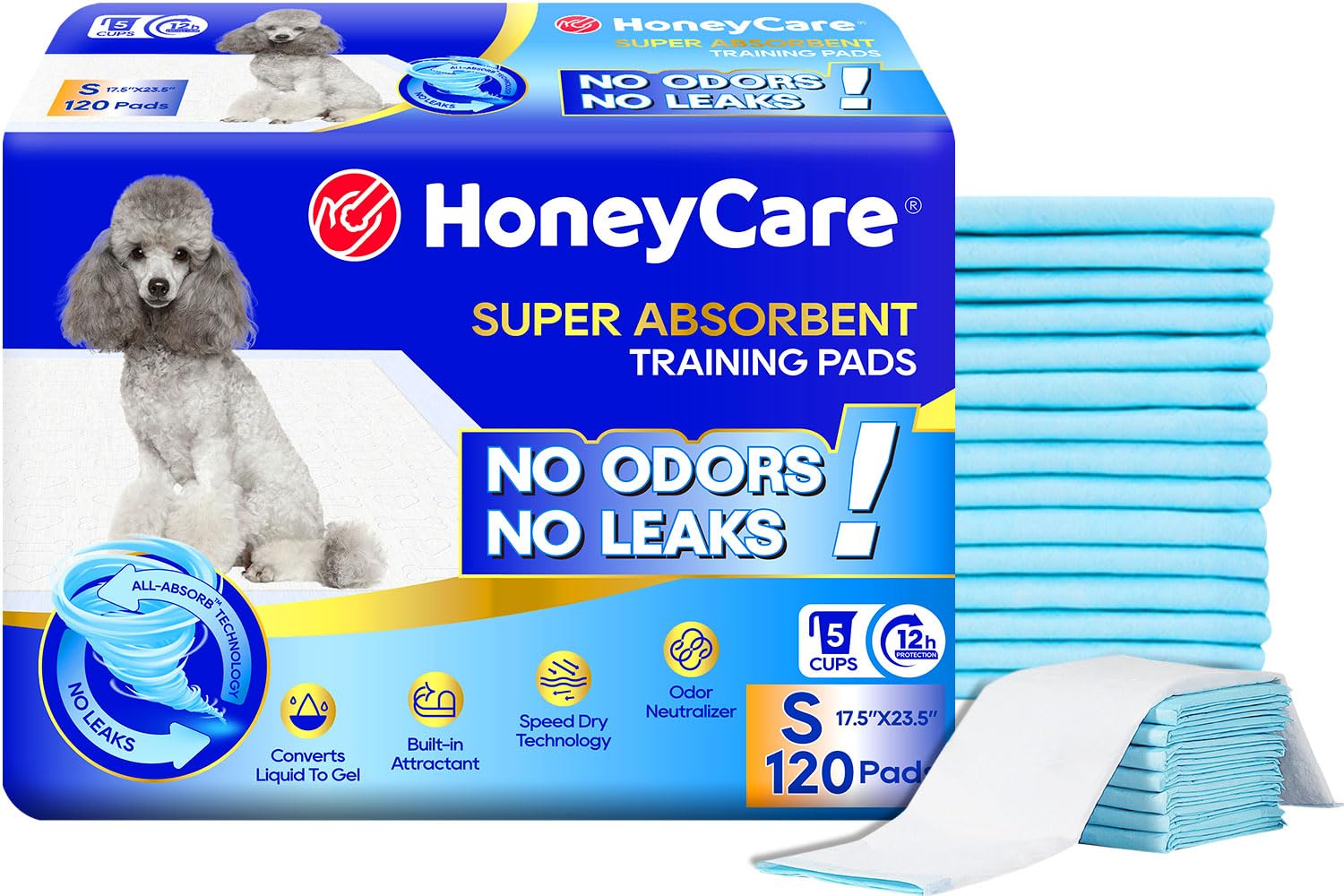 Honey Care all-absorb training pads in blue show 17.5x23.5 inch size for quick absorption.