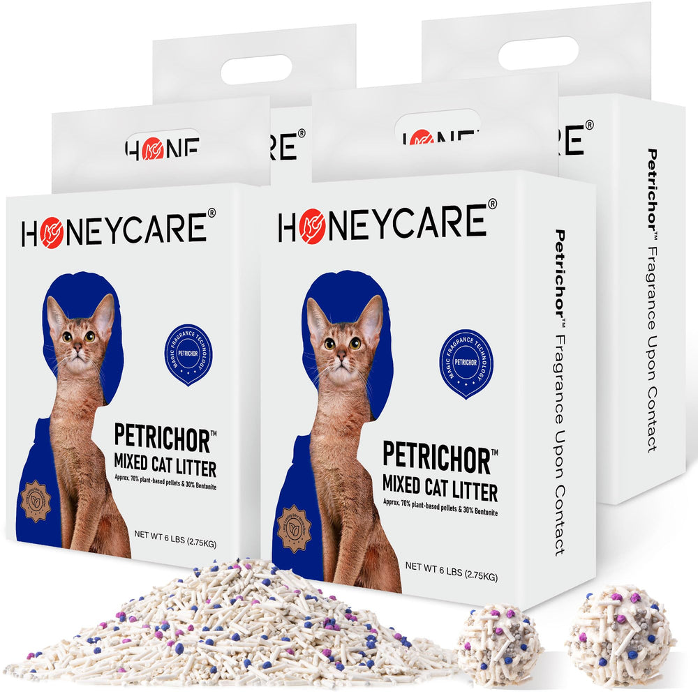 HONEY CARE Petrichor quick clumping pellets for fast scooping and less mess.