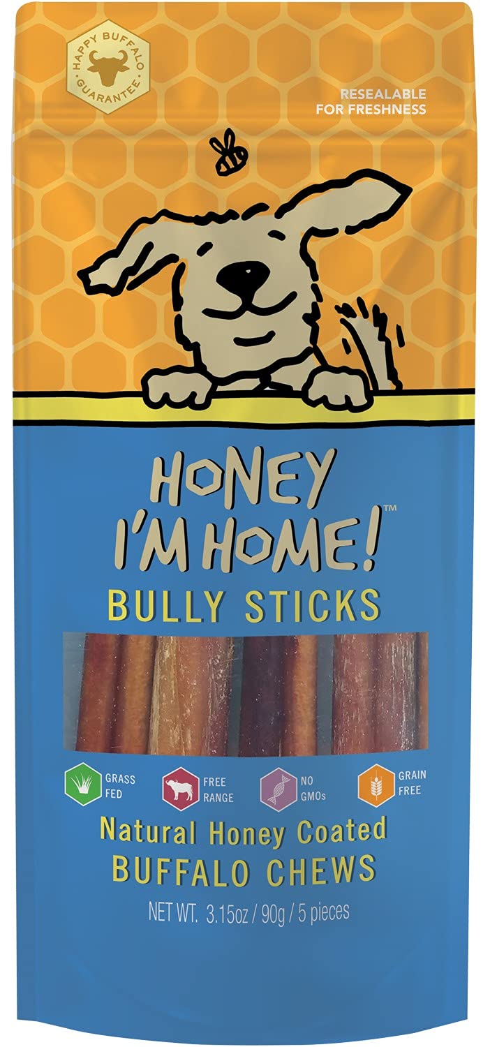 Honey I'm Home buffalo bully sticks package front showcasing natural ingredients
