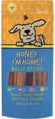 Honey I'm Home buffalo bully sticks package front showcasing natural ingredients