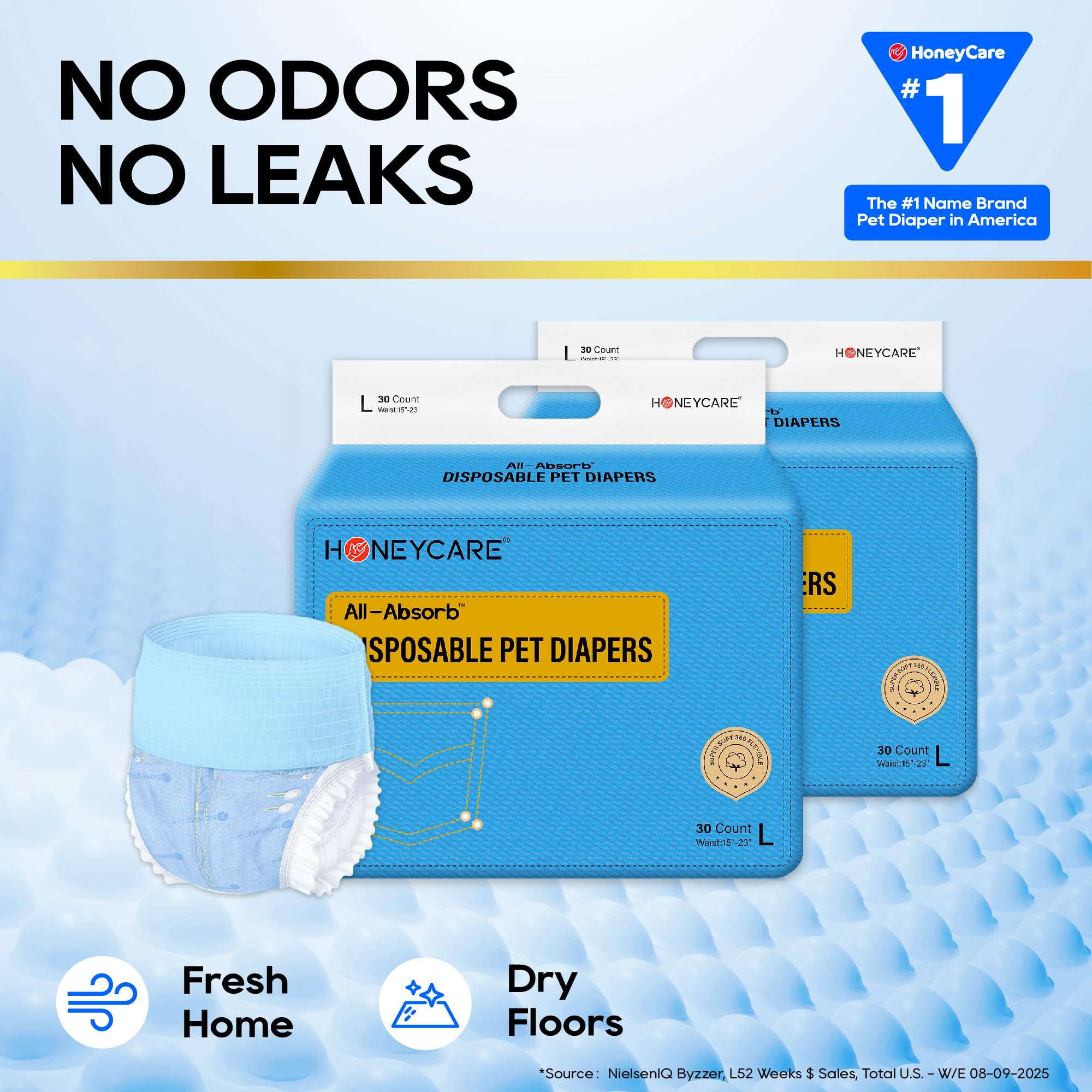 Honeycare diapers secure a snug fit with adjustable fasteners for comfortable wear