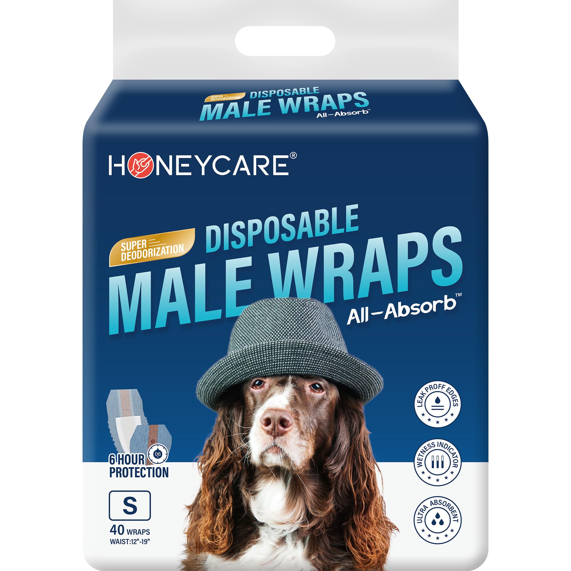 Honeycare wrap with absorbent core to keep senior dogs dry during daily activities.