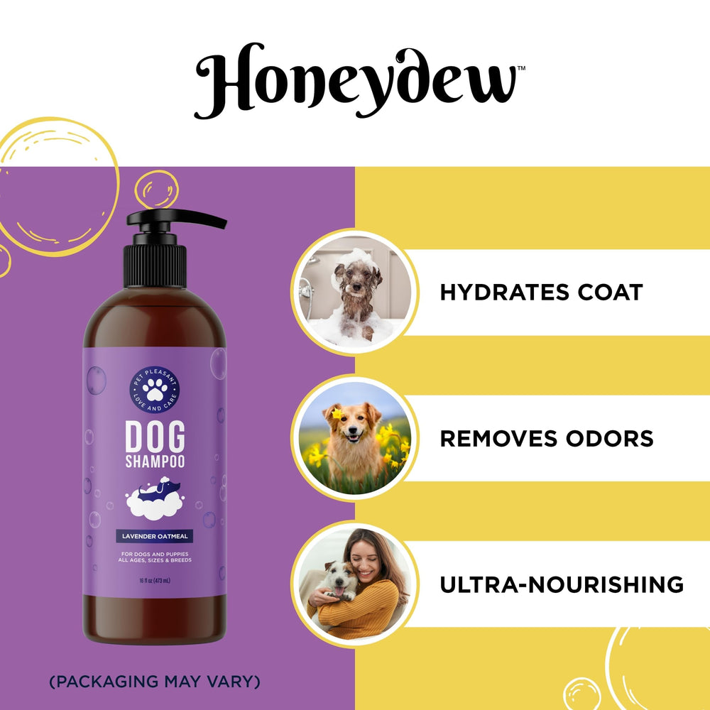 Honeydew Cleansing Dog Shampoo bottle closeup lavender highlight for calming aroma
