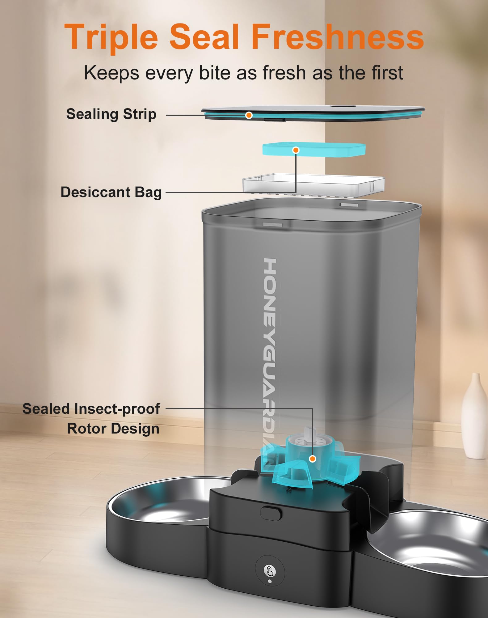 HoneyGuaridan desiccant bag and sealed lid keep food fresh.