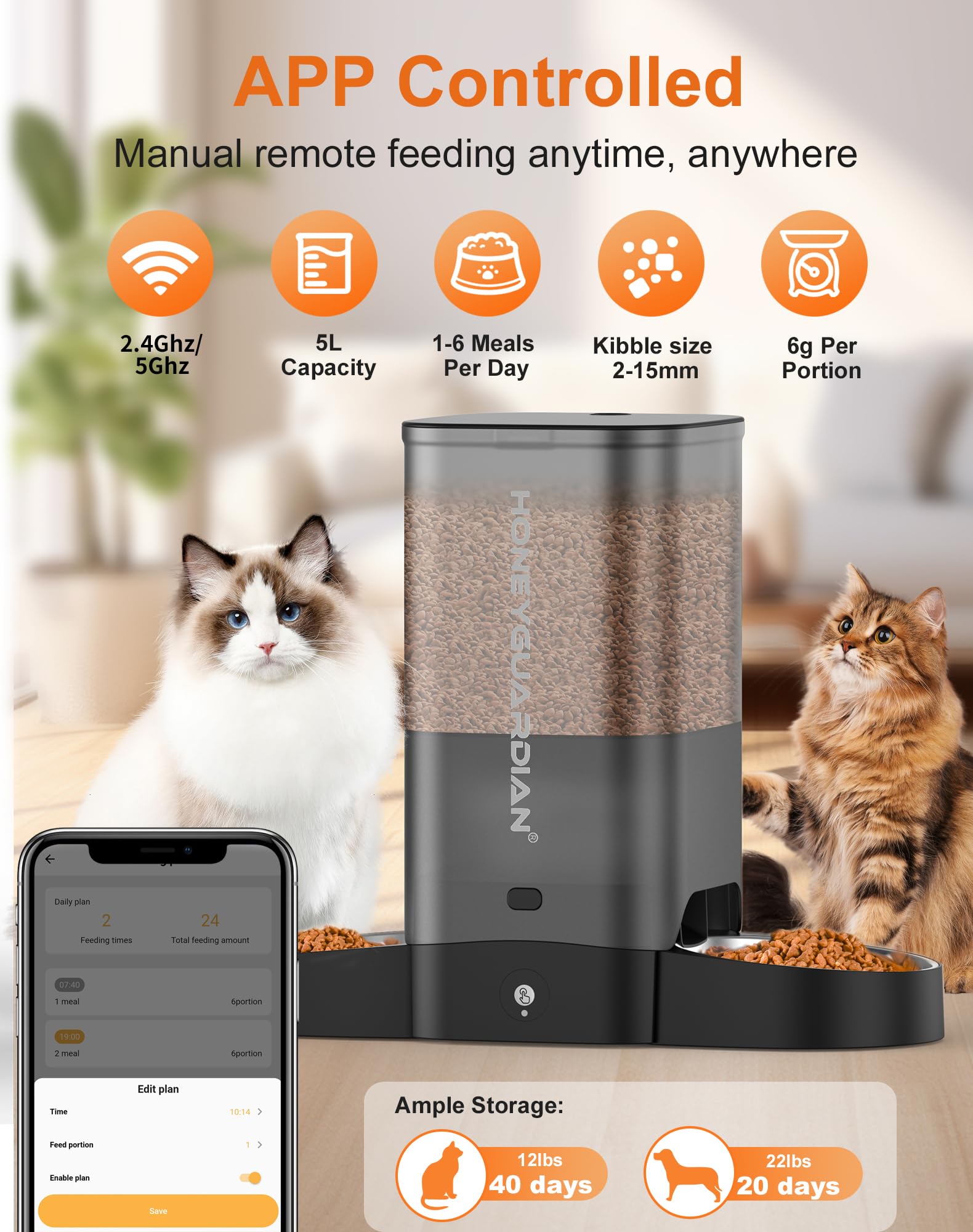 HoneyGuaridan dual-bowl feeder with open lid highlights separate chutes for two cats.