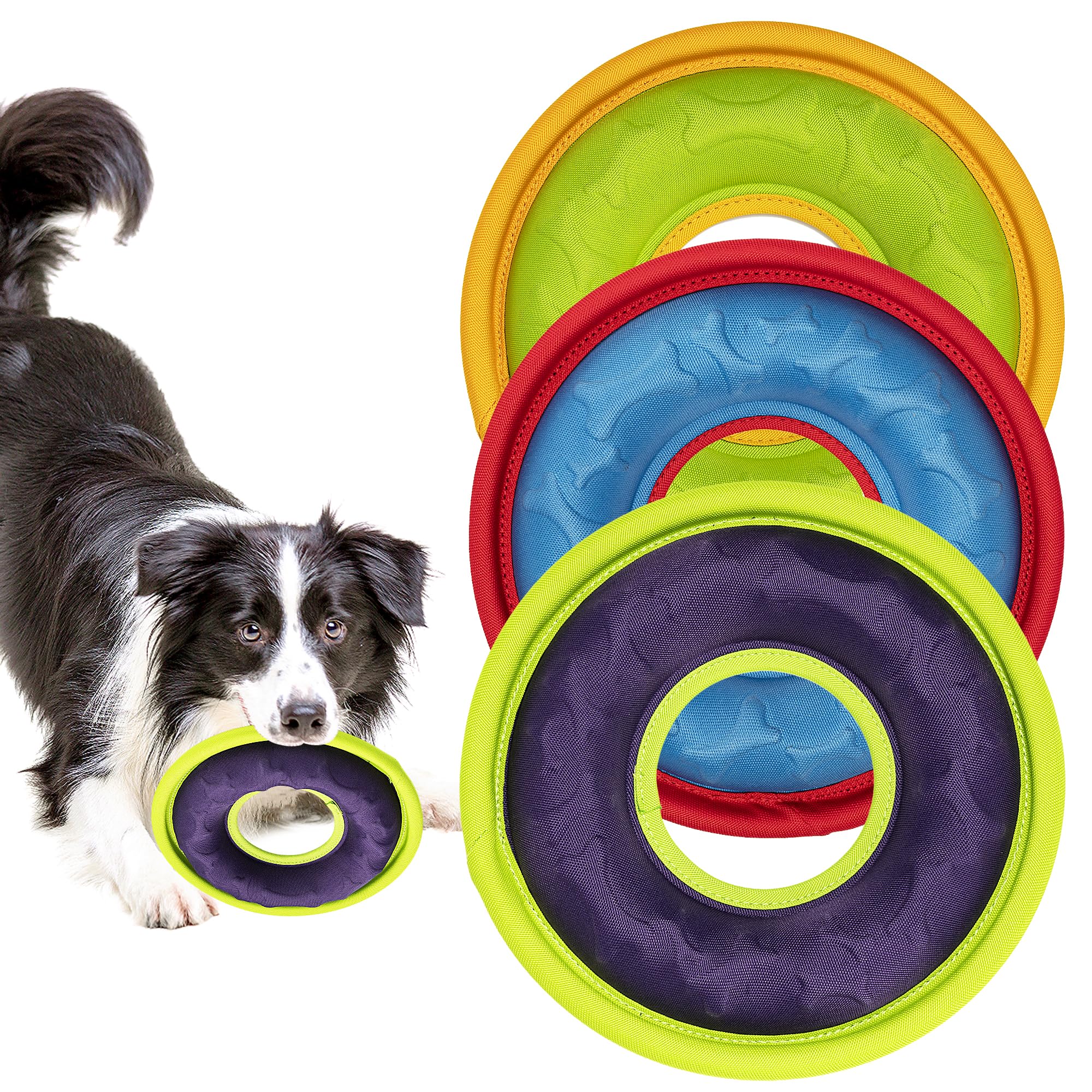 HONGEZEY 3pc flying disc pack front view, sturdy nylon for safe fetch.