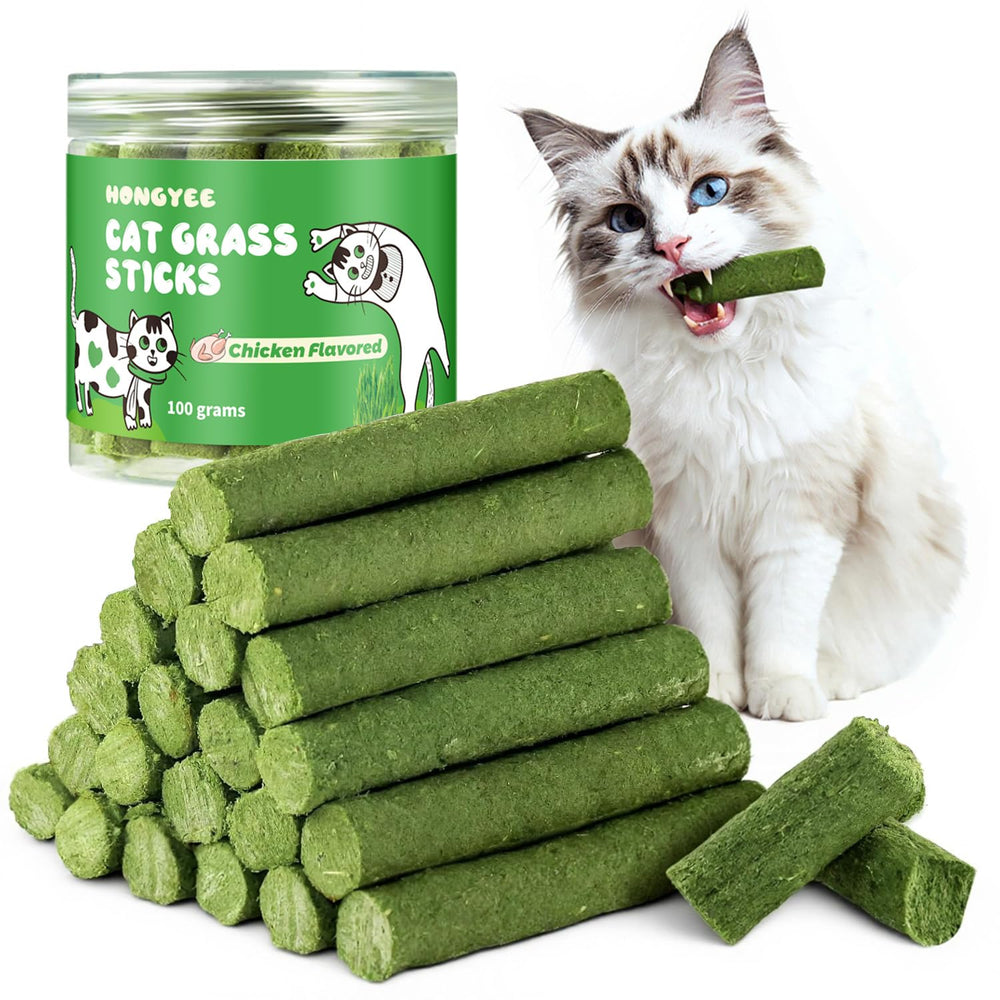 HONGYEE cat grass stick snack pack supports dental care with savory ingredients.