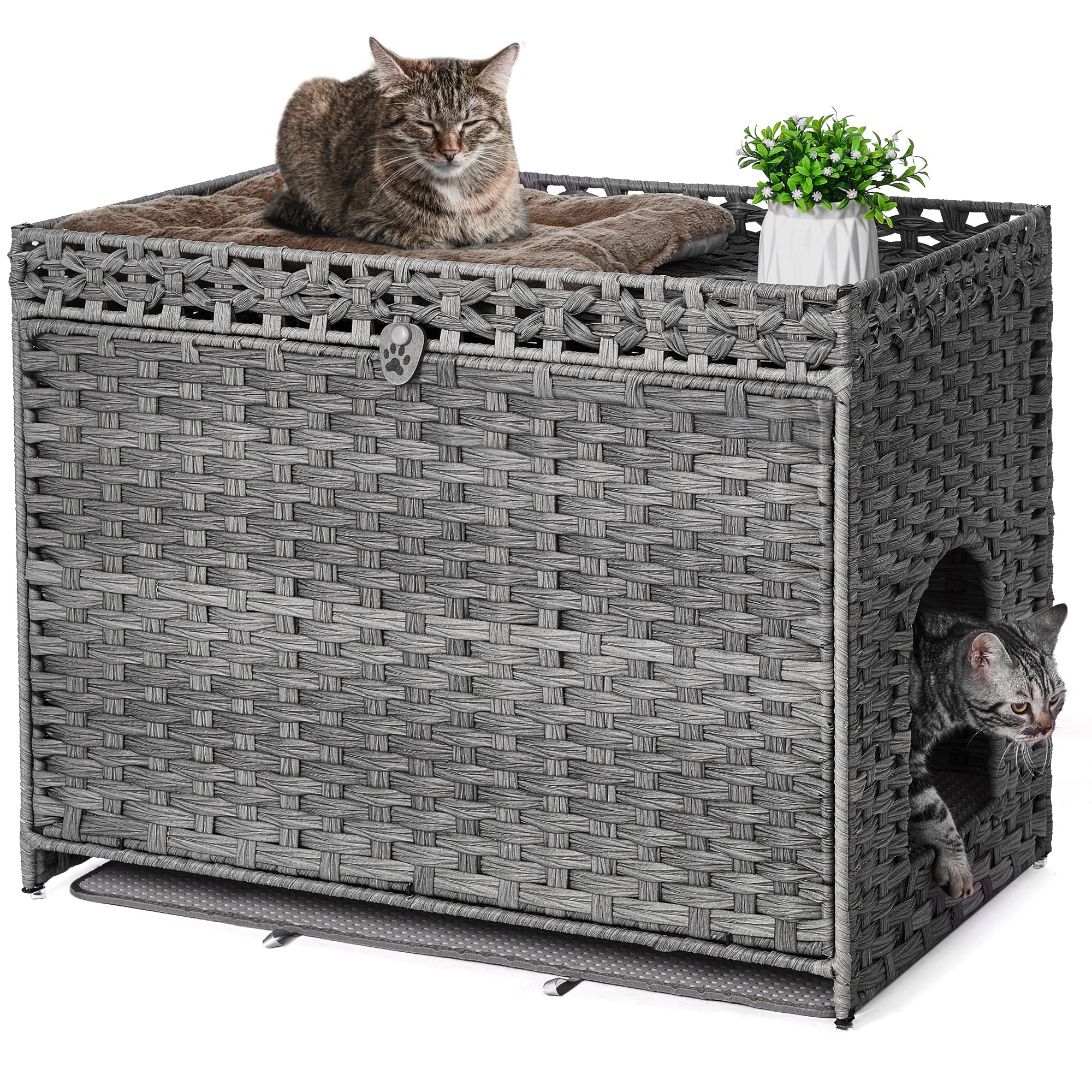 Honiakaka cat litter box enclosure with soft mat for easy litter containment.