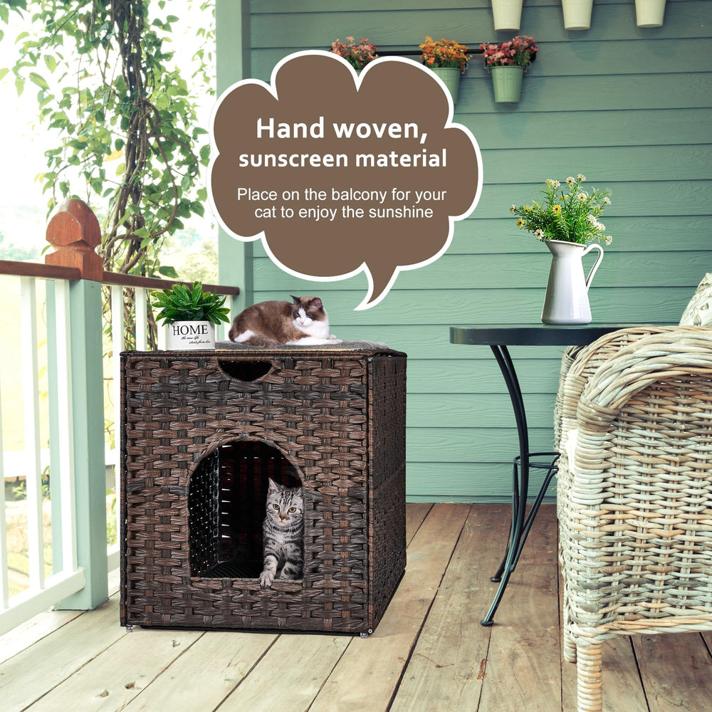 Honiakaka handwoven plastic rattan cat house offers airy privacy