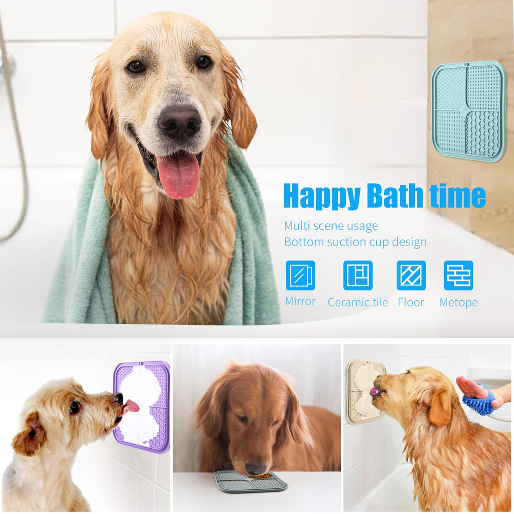 Honomastry dog lick pad used during bath time to encourage focus on grooming tasks.