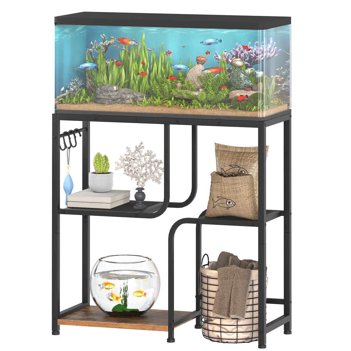 HOOBRO 20-gallon stand in full assembly demonstrates space-saving 3-tier design.