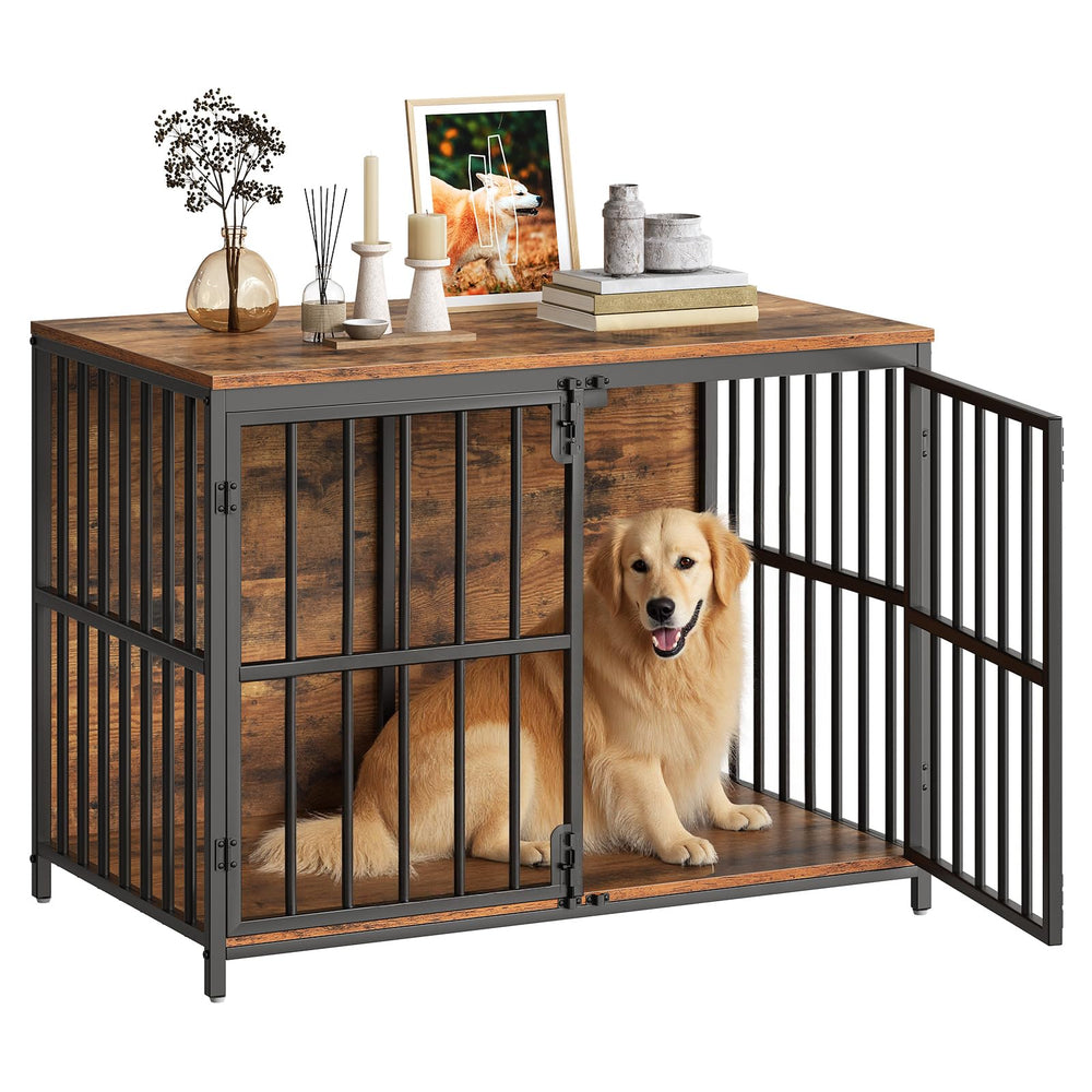 HOOBRO 38.6-inch dog crate side table front view showcases rustic finish for stylish pet space.