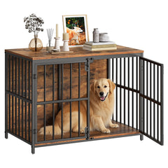 HOOBRO 38.6-inch dog crate side table front view showcases rustic finish for stylish pet space.