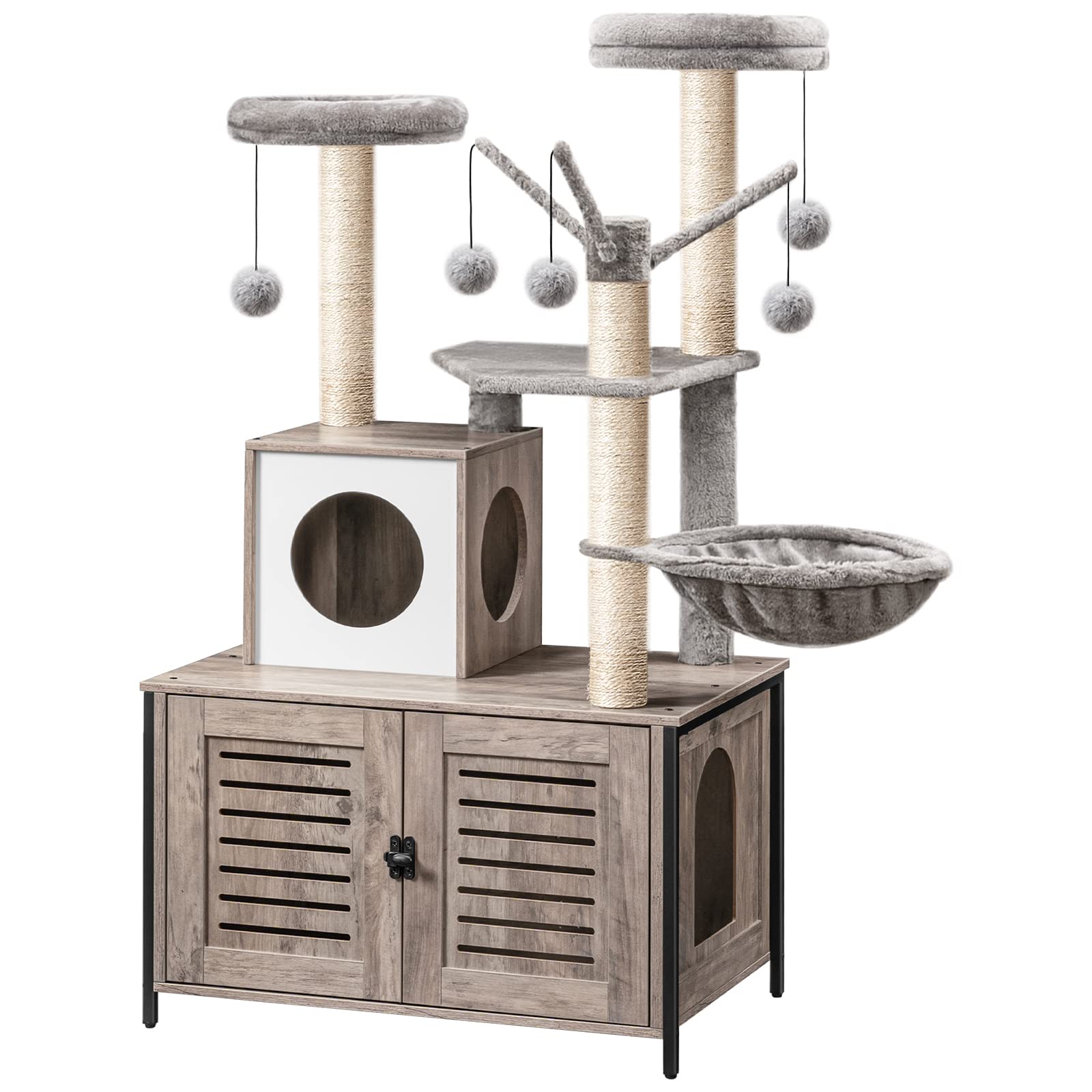 HOOBRO cat tree with litter box enclosure front view shows private toilet area