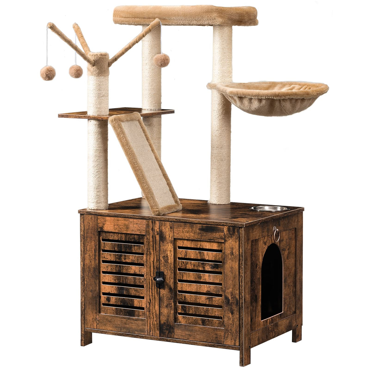 HOOBRO cat tree with litter-box enclosure offers private space and tidy living room.