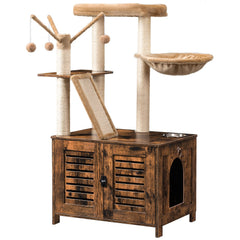 HOOBRO cat tree with litter-box enclosure offers private space and tidy living room.