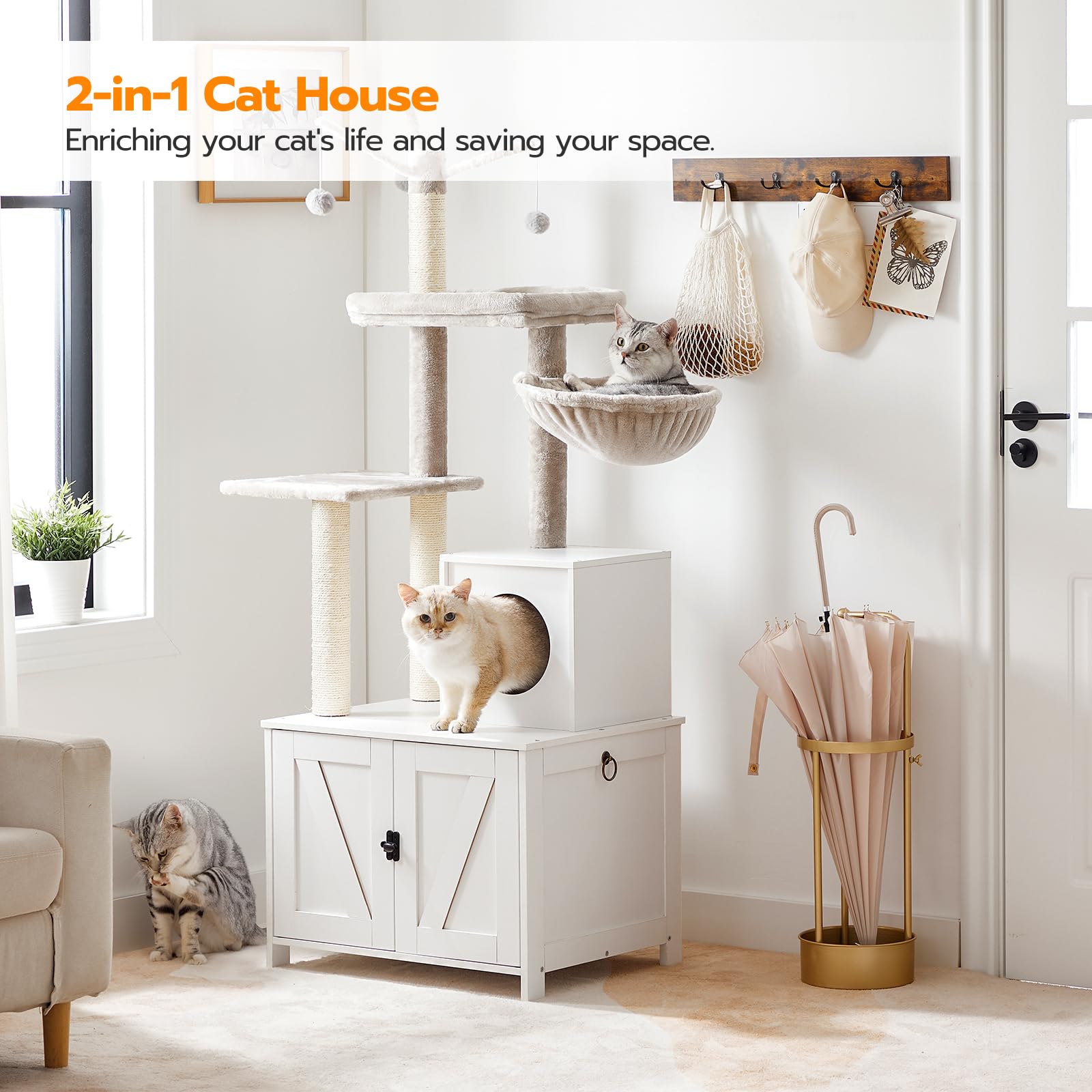 HOOBRO cat tree tower offers durable sisal posts for feline claw sharpening.