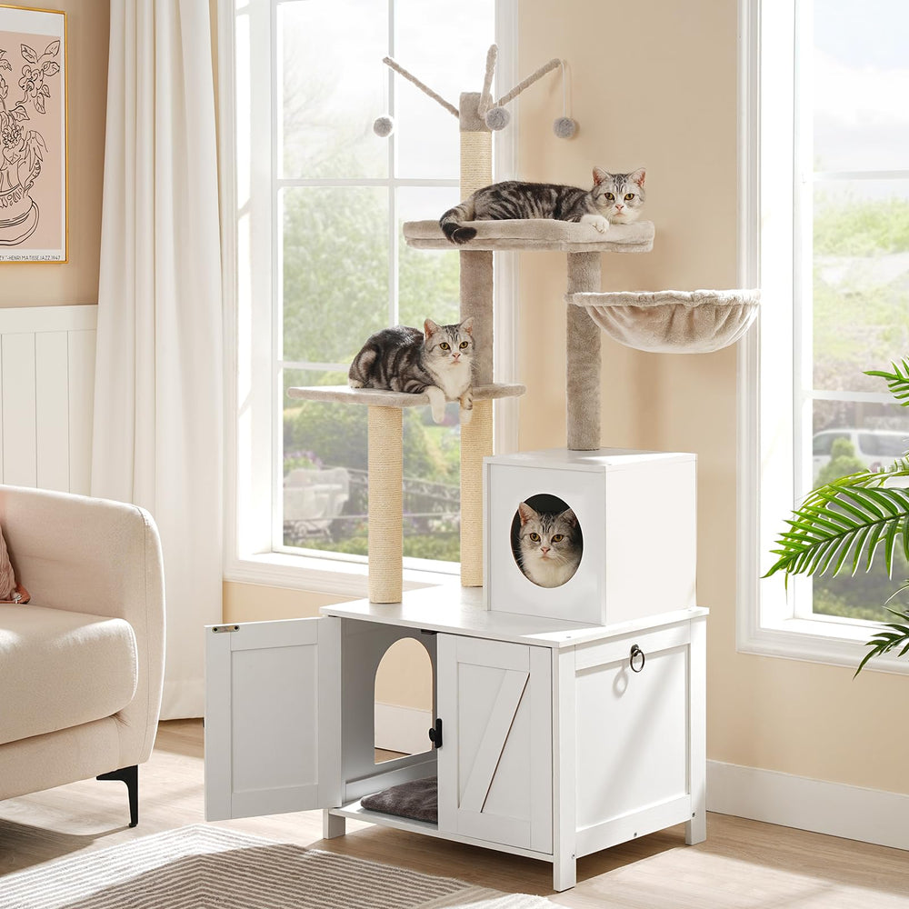 HOOBRO cat tree tower features white wood and plush cushions for cozy lounging.