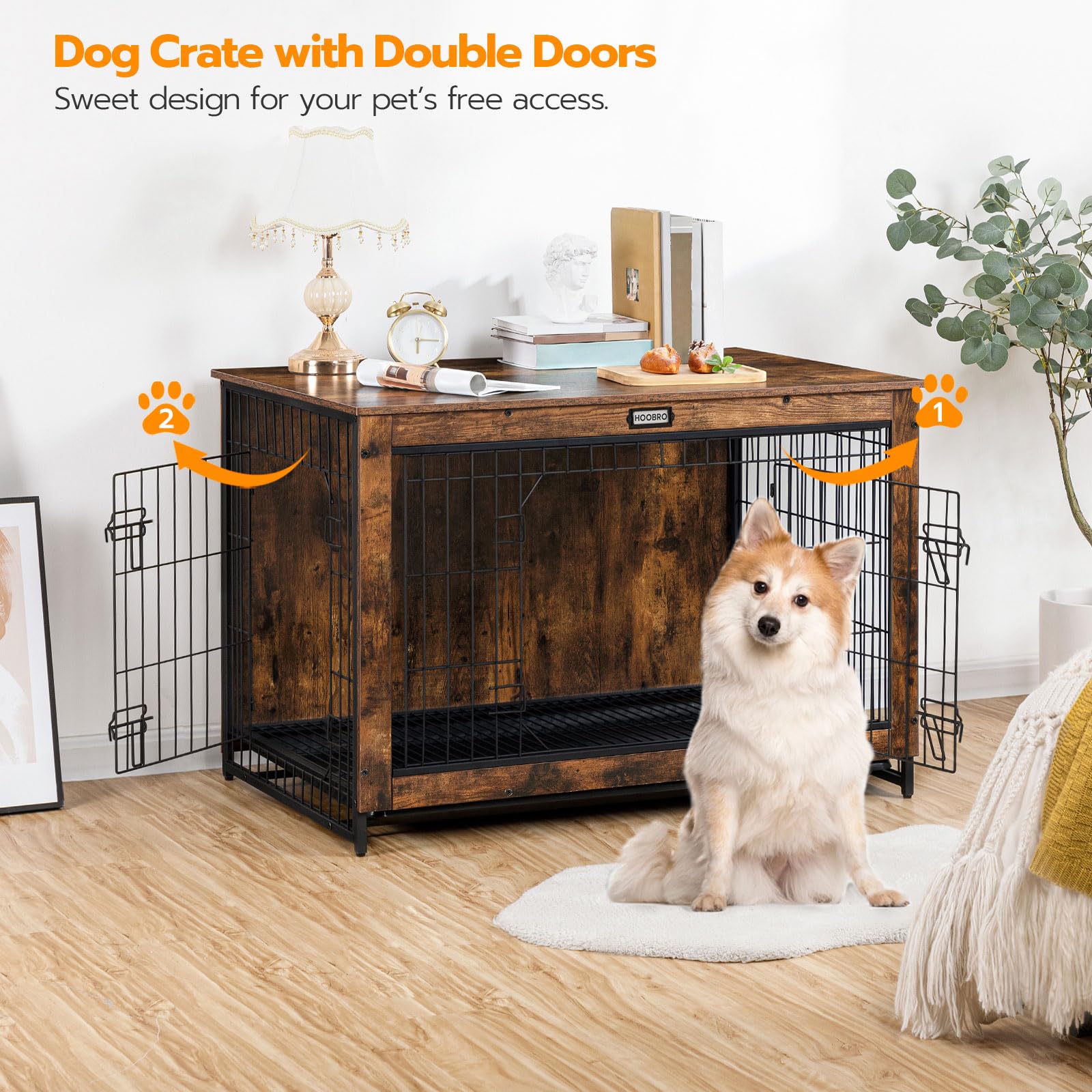 HOOBRO dog crate furniture dog house interior shows roomy space.