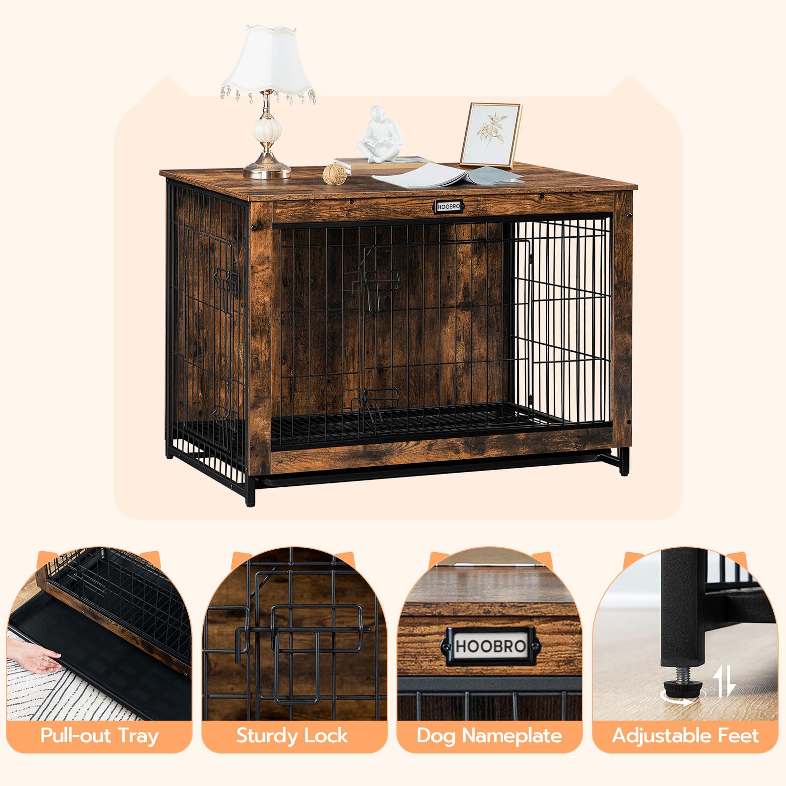 HOOBRO dog crate furniture easy assembly with numbered parts.