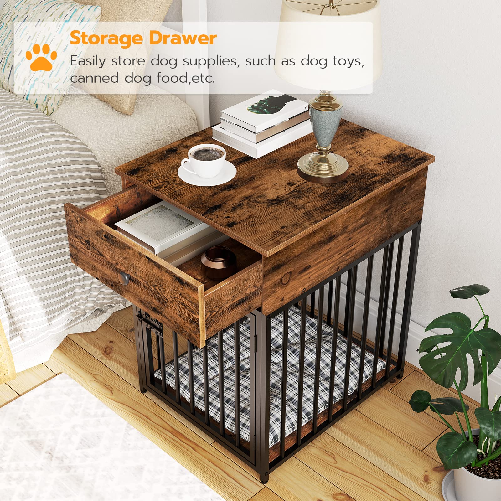 HOOBRO dog crate furniture side view shows integrated drawer for toy and treat storage.