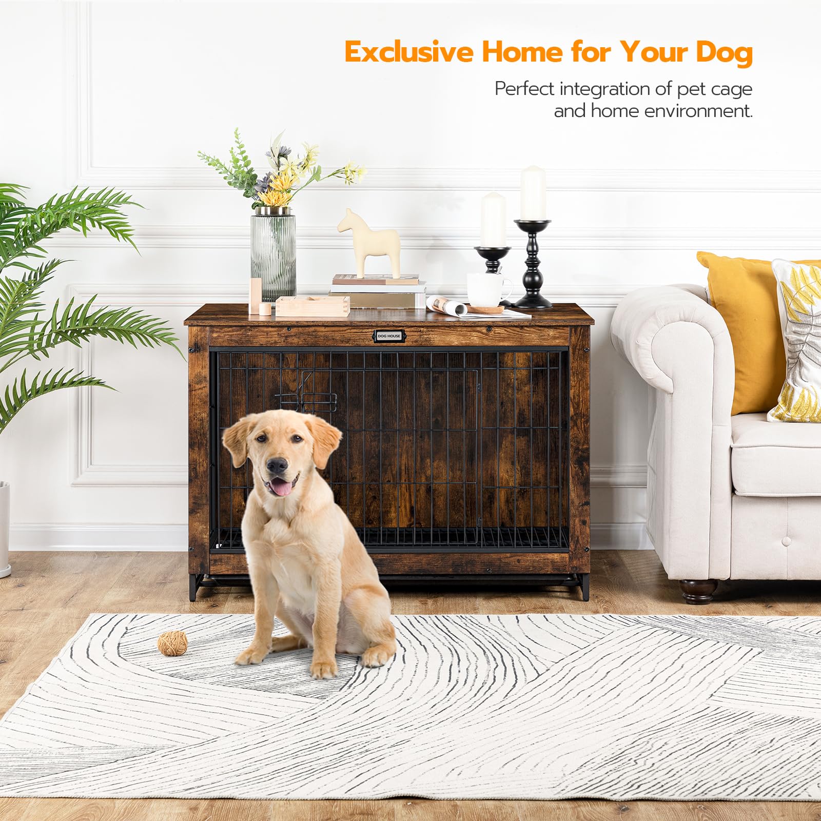 HOOBRO dog crate furniture side opening view offers easy pet access.