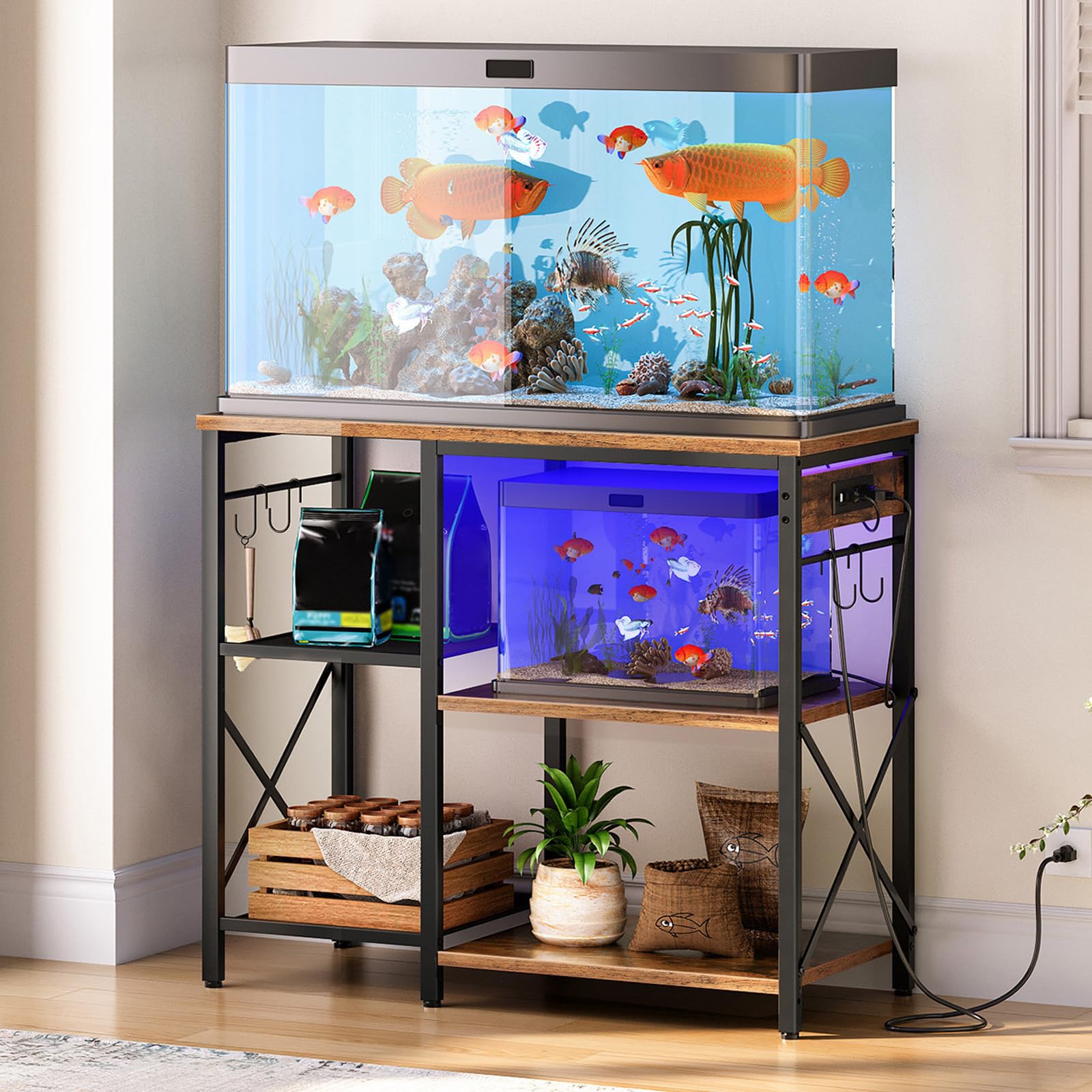 HOOBRO fish tank stand with power outlet and LED for tidy aquarium wiring