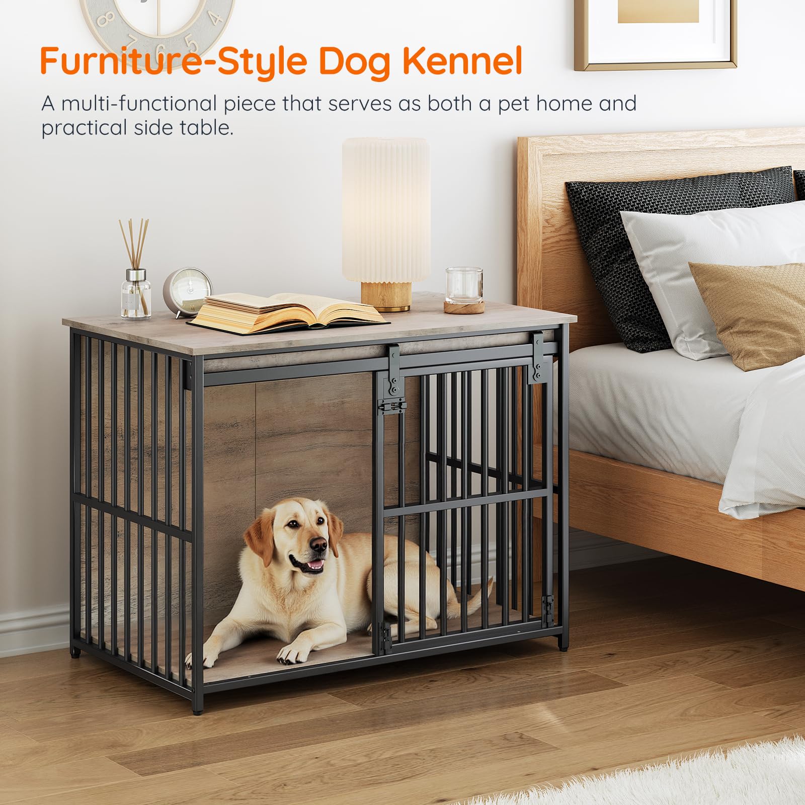 HOOBRO greige-black dog crate with three-sided thickened metal tubes for stability.