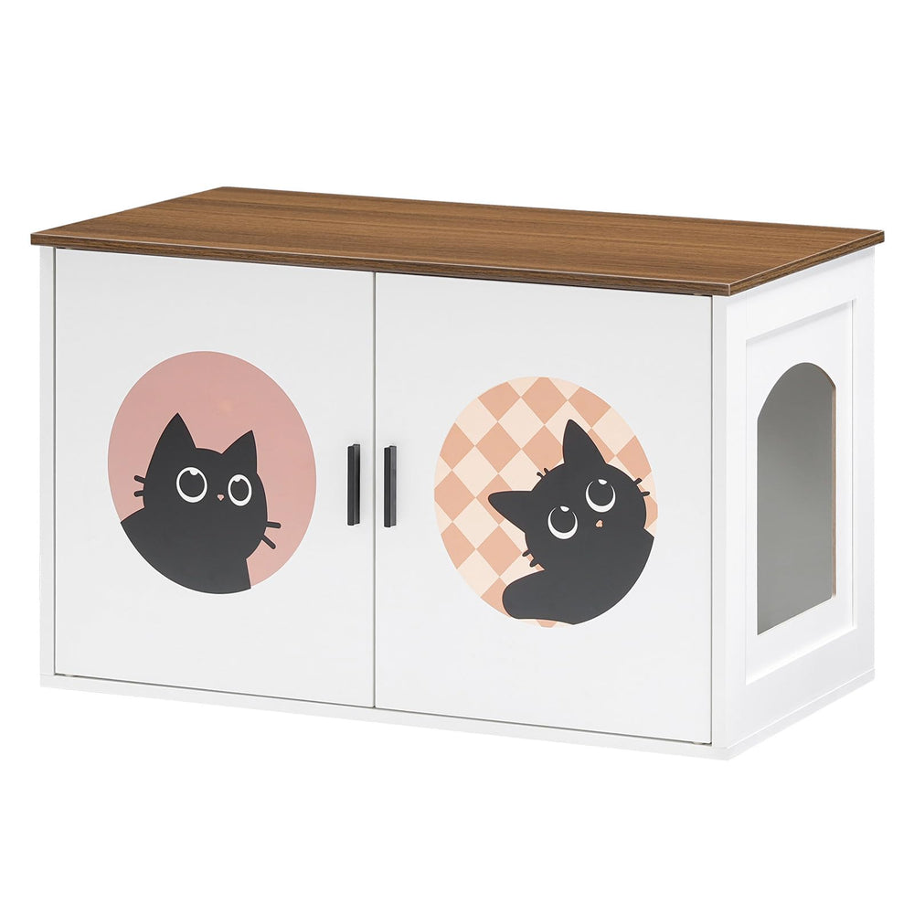 HOOBRO hidden litter box cabinet front view in white and walnut, keeps litter out of sight
