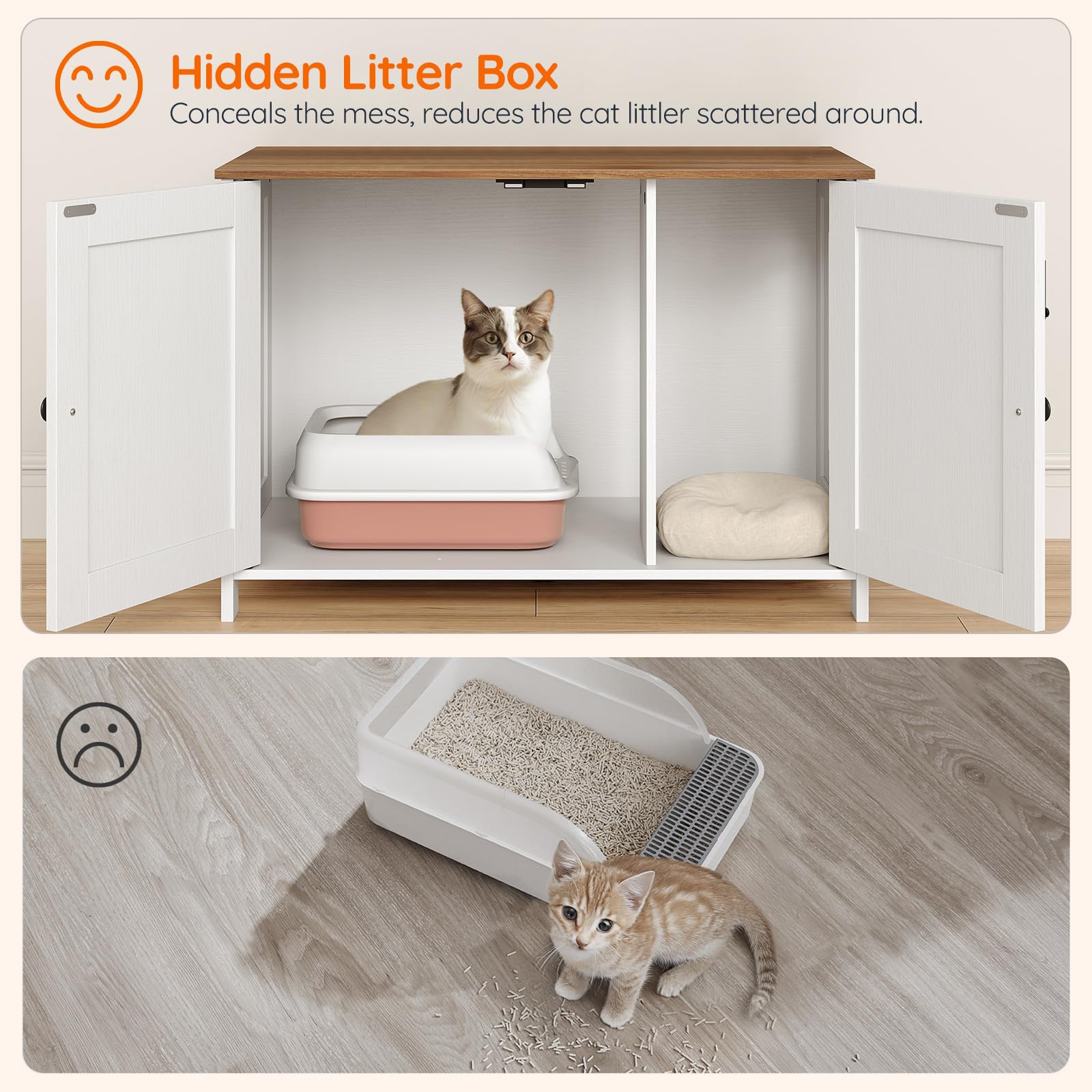 HOOBRO Litter Box Enclosure cat inside demonstrates privacy and tidy litter management.