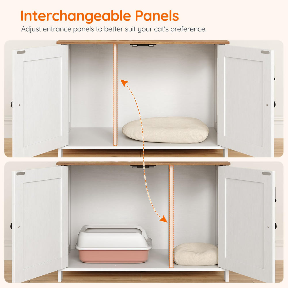HOOBRO Litter Box Enclosure doors open for quick access and scooping.