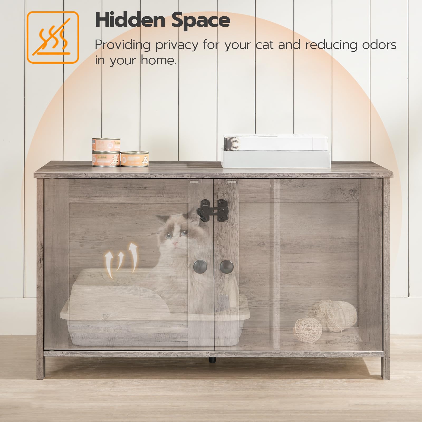 HOOBRO Litter Box Enclosure dual-doors provide easy access for scooping.