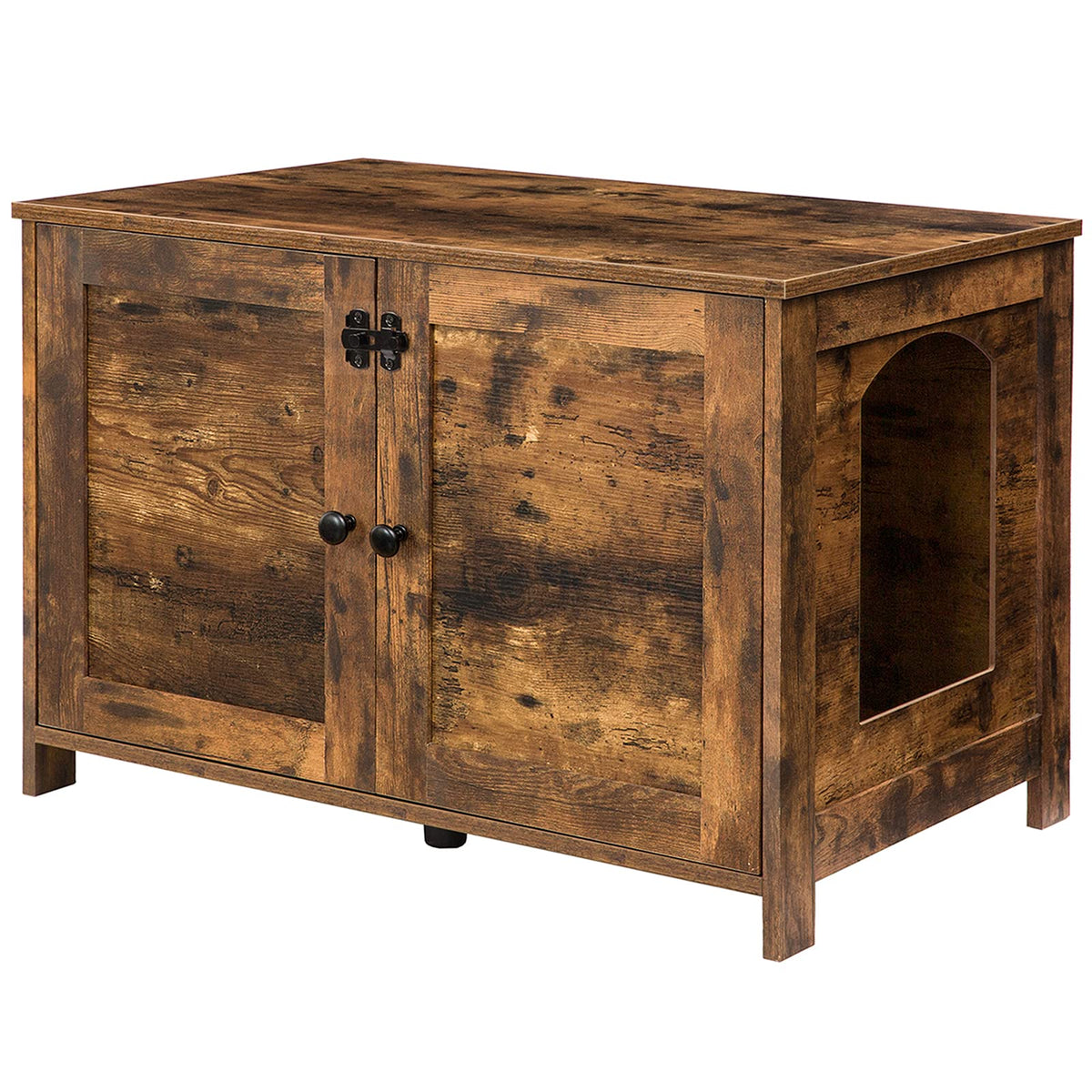 HOOBRO litter box enclosure front view highlights rustic finish and discreet integration