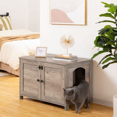 HOOBRO Litter Box Enclosure interior divider illustrates adaptable space for litter.
