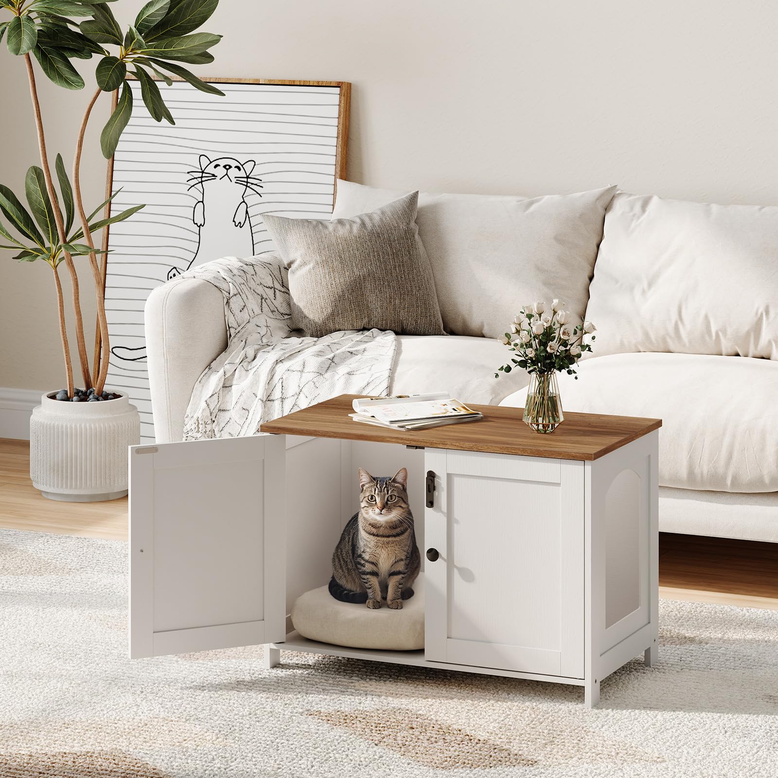 HOOBRO Litter Box Enclosure side table woodgrain demonstrates decor-friendly storage and concealment.