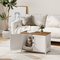 HOOBRO Litter Box Enclosure side table woodgrain demonstrates decor-friendly storage and concealment.