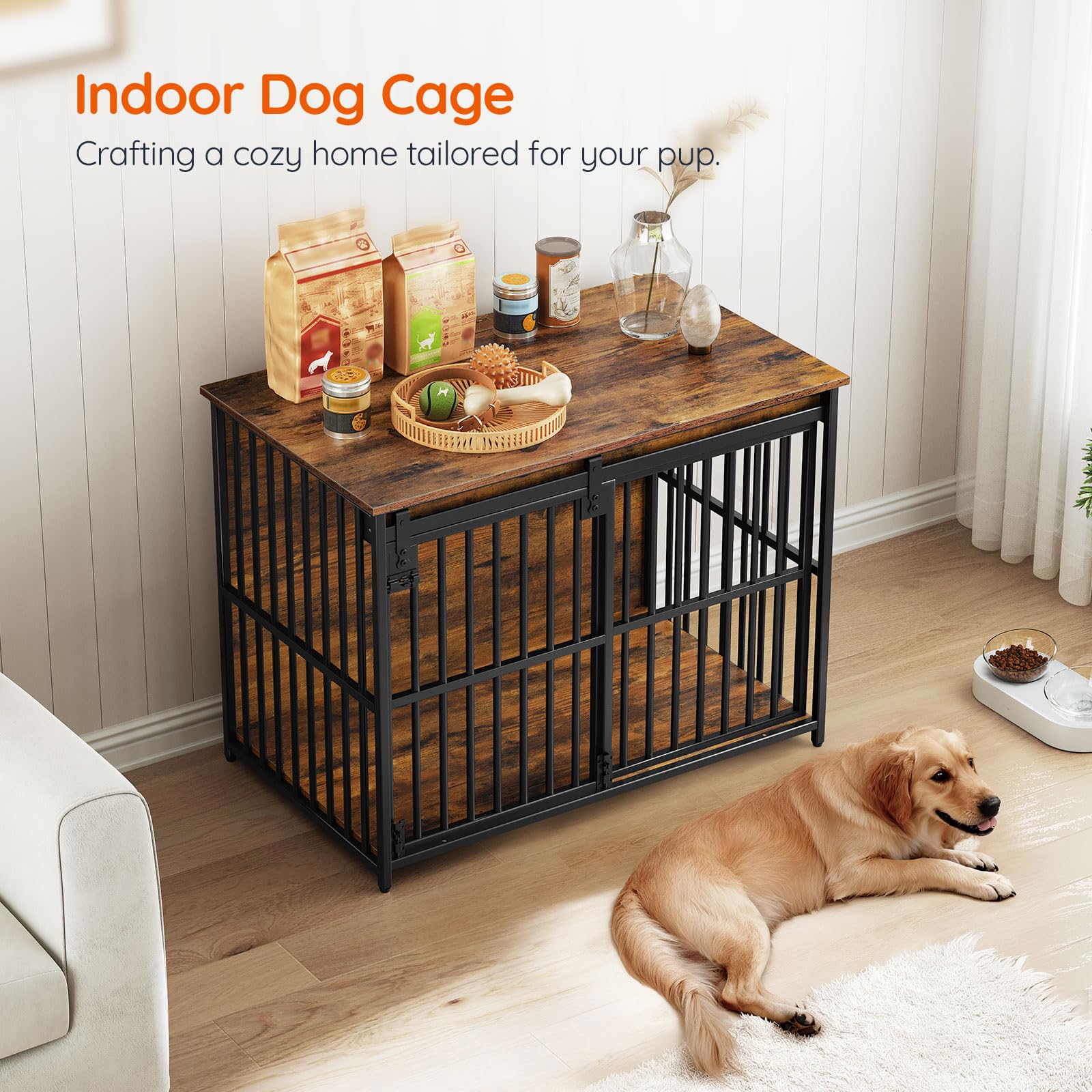 HOOBRO rustic brown black dog cage blends with home decor.